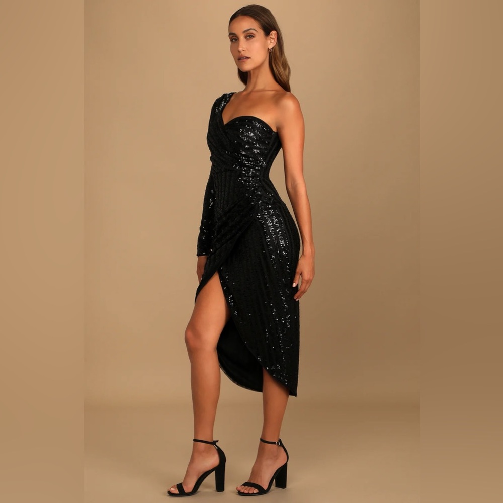 LULUS Elegant Occasion Black Sequin One-Shoulder Midi Dress
